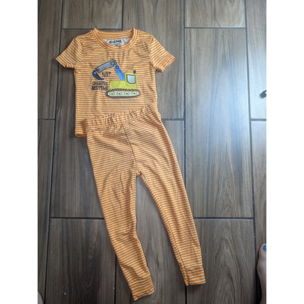 Nick & Mack Kids Orange Striped Excavator Pajama Set Size 24m "Not Digging